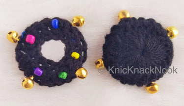 Circle Shaped Mirrored Applique With Jingle Bell Beads And Multicoloured Beads, Bohemian Applique, Summer Applique